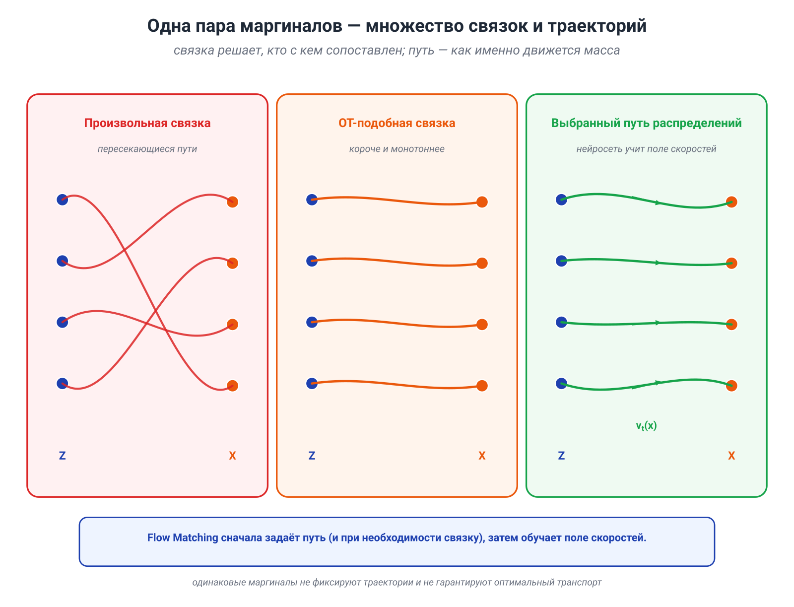 Иллюстрация к разделу: Flow Matching: сначала выбирается путь